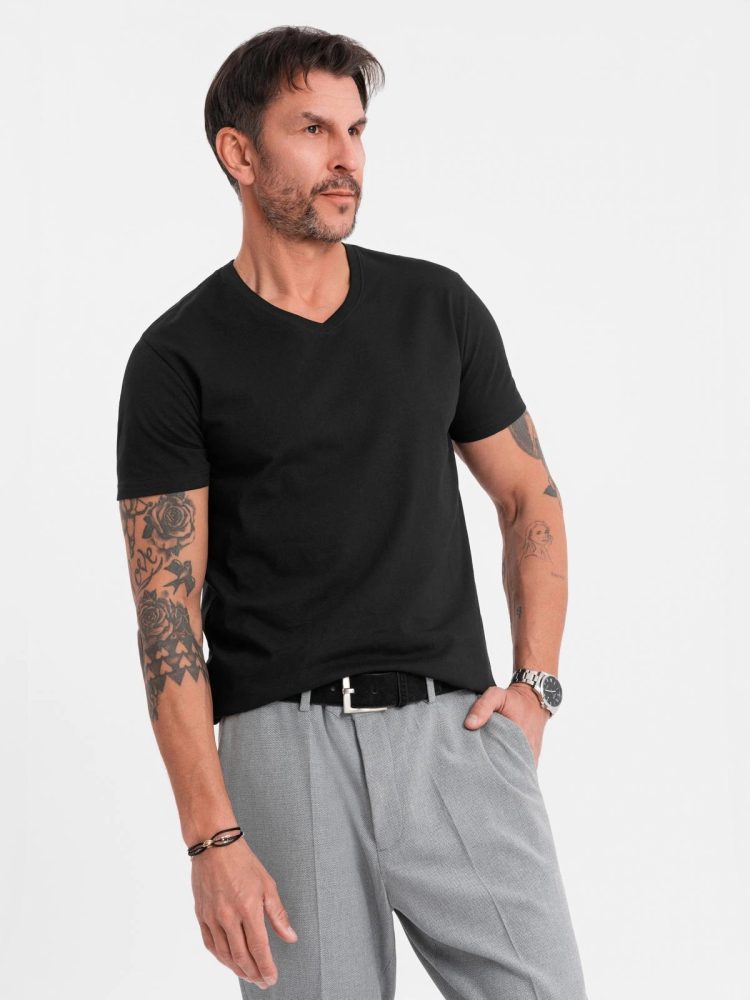 E-shop Basic bavlnené čierne tričko s V-výstrihom V1 TSBS-0237