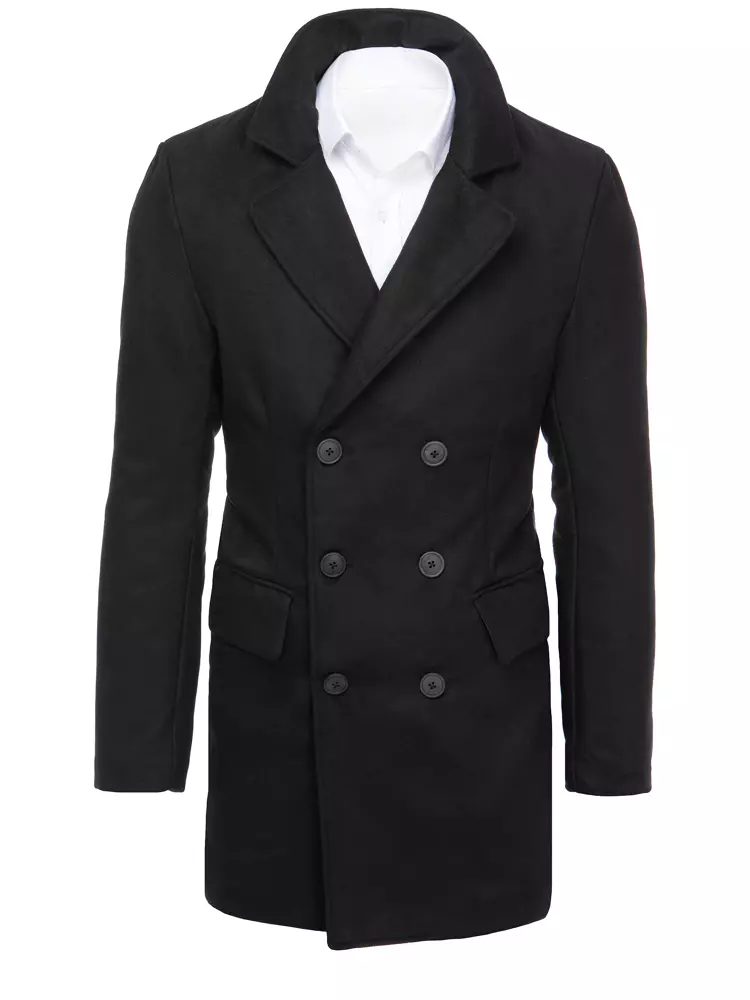 Elegantný čierny kabát s dvojradovým zapínaním pánsky
