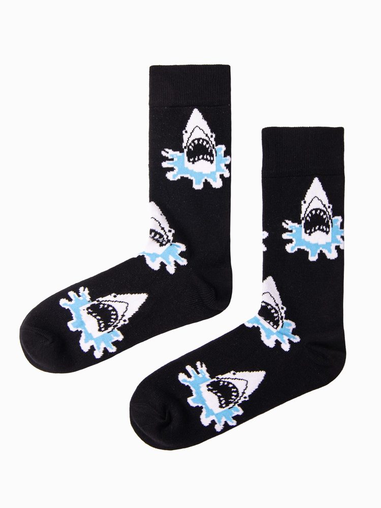 Pánske čierne ponožky s potlačou (žralok) U240
