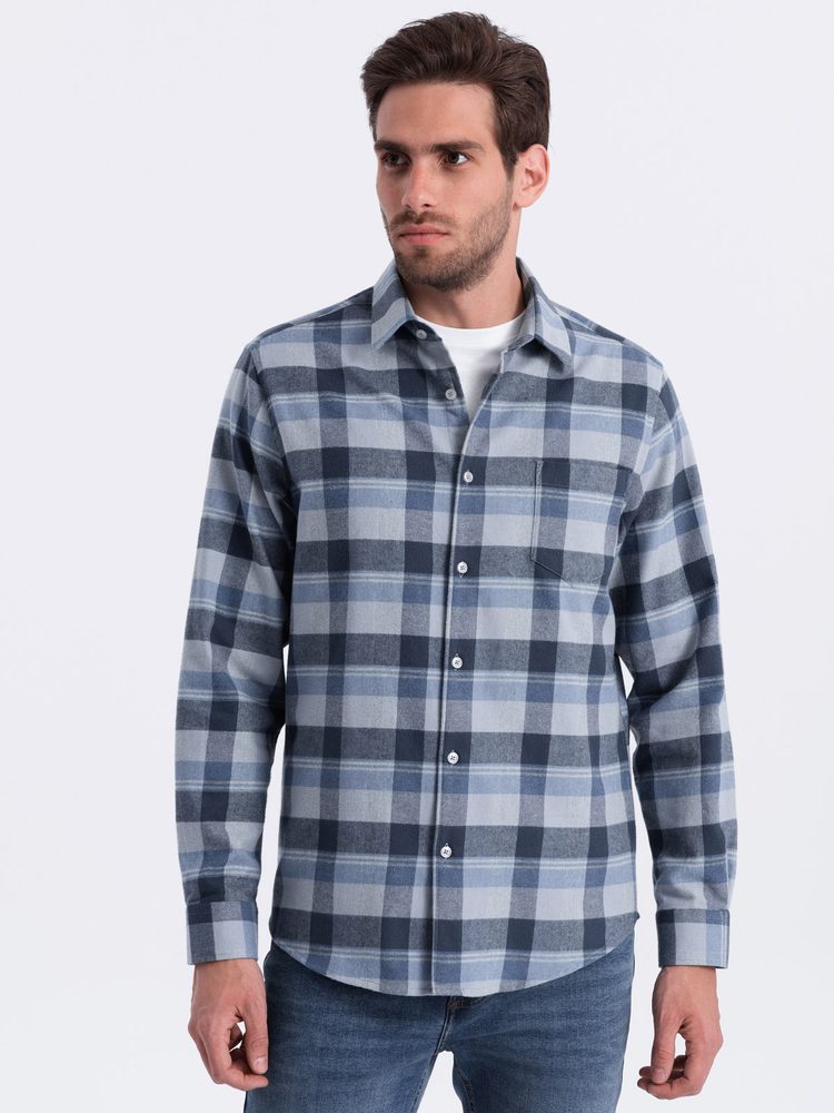 Trendy pánska košeľa s károvaným vzorom modro šedá