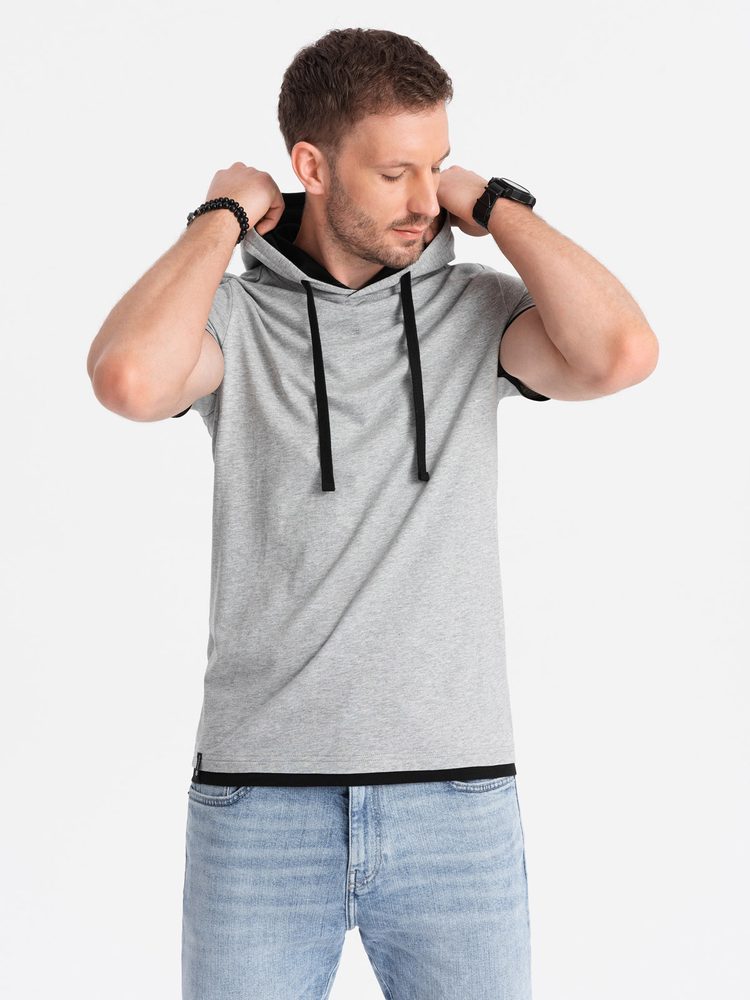 Pánske tričko s krátkym rukávom a s kapucňou šedé