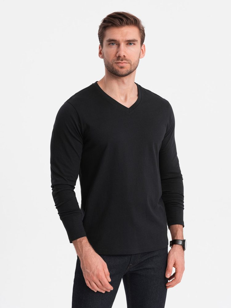 E-shop Čierne tričko s dlhým rukávom a V-výstrihom V6 LSBL-0108
