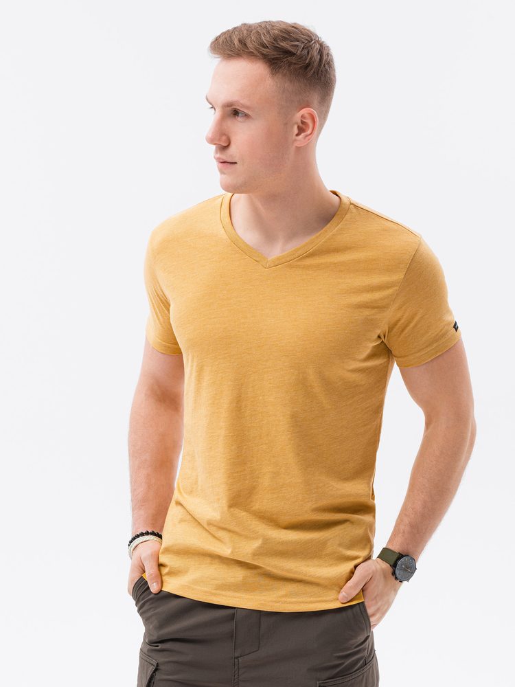 Jednoduché tričko s krátkym rukávom a véčkovým výstrihom pre mužov-horčicové