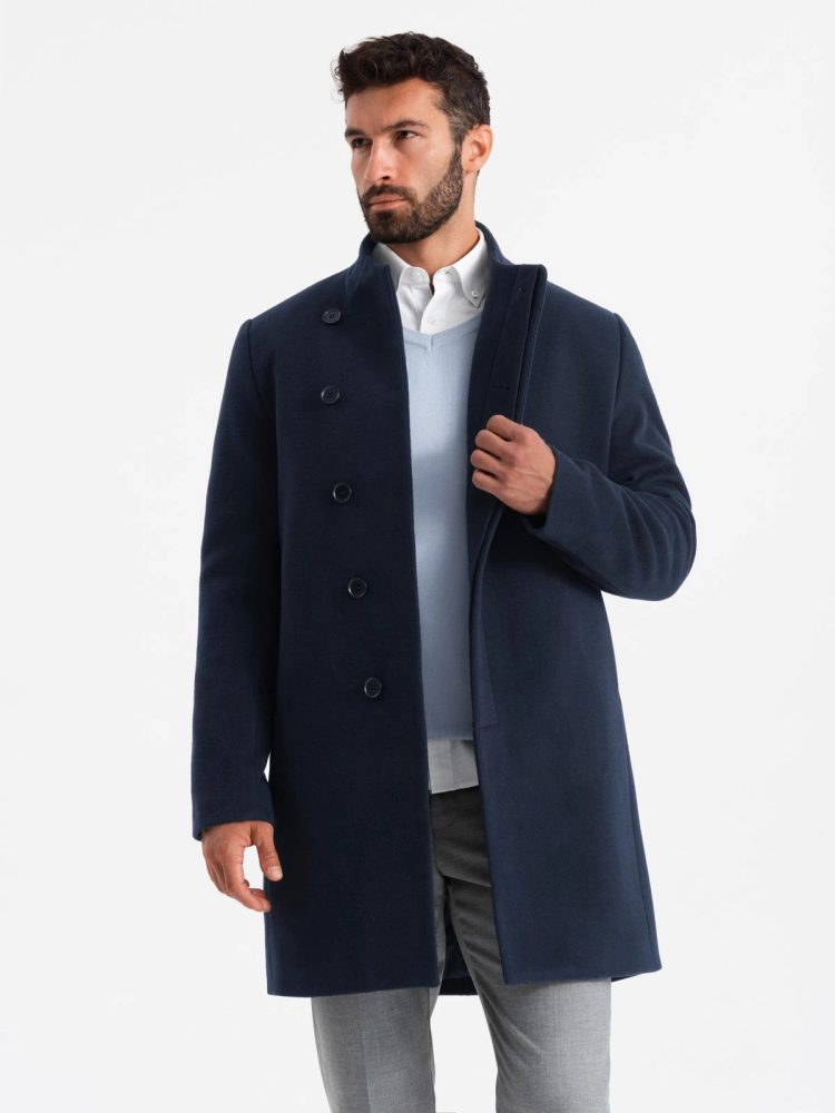 Elegantný kabát pre pánov s asymetrickým zapínaním tmavo modrý