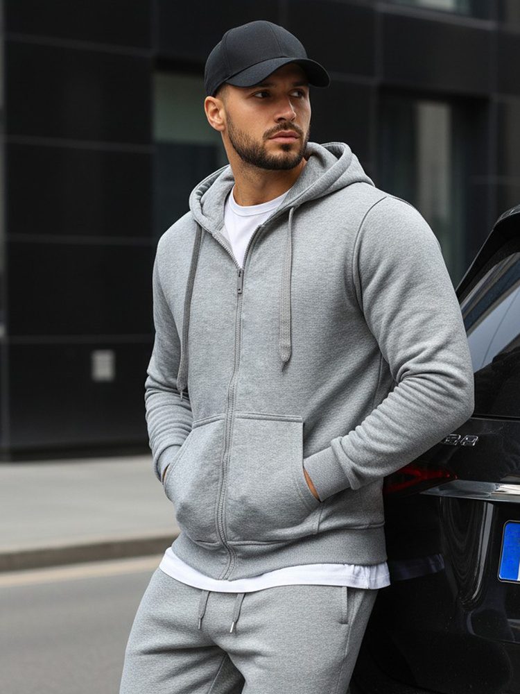 Pánska jednoduchá mikina na zips s kapucňou šedá