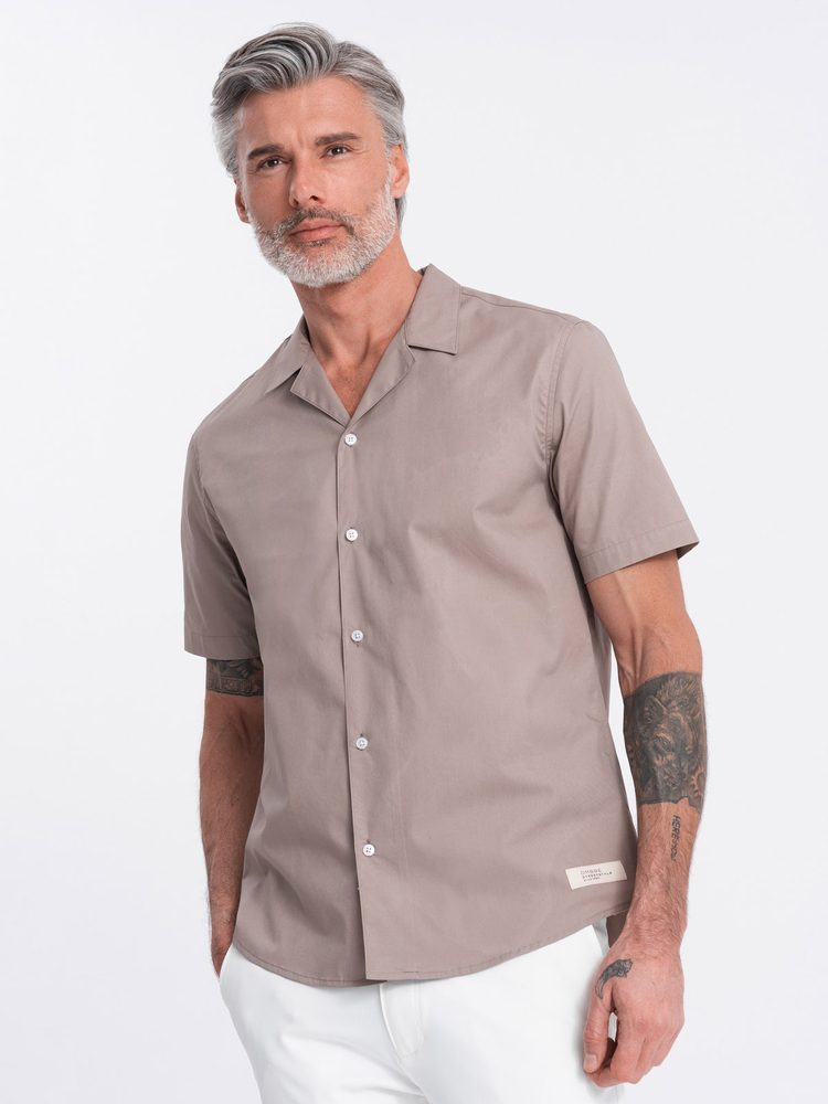 Pánska košeľa s krátkym rukávom-kubánsky golier-tmavo béžová