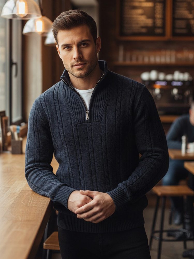 Pánsky vzorovaný sveter so zipsom modrý