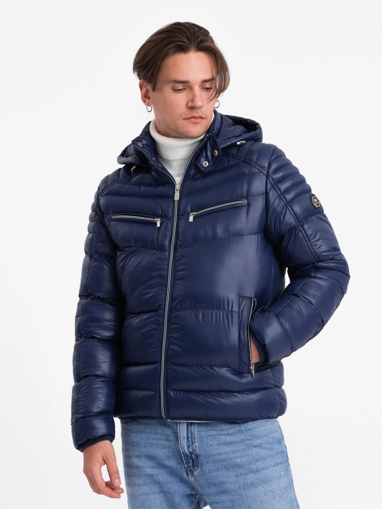 E-shop Prešívaná lesklá tmavomodrá bunda V2 JAHP-22FW-010