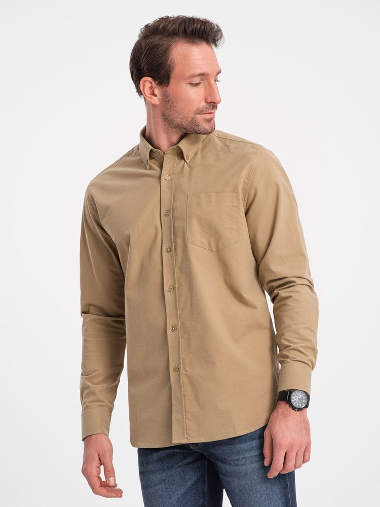 Ležérna pánska košeľa s vreckom  svetlo hnedá