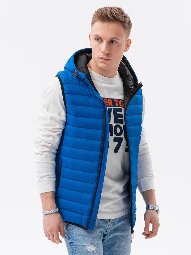 Prešívaná trendy pánska vesta s kapucňou modrá