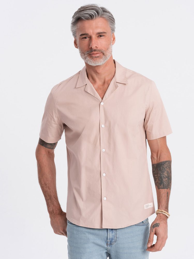 Pánska košeľa s krátkym rukávom-kubánsky golier-svetlo hnedá