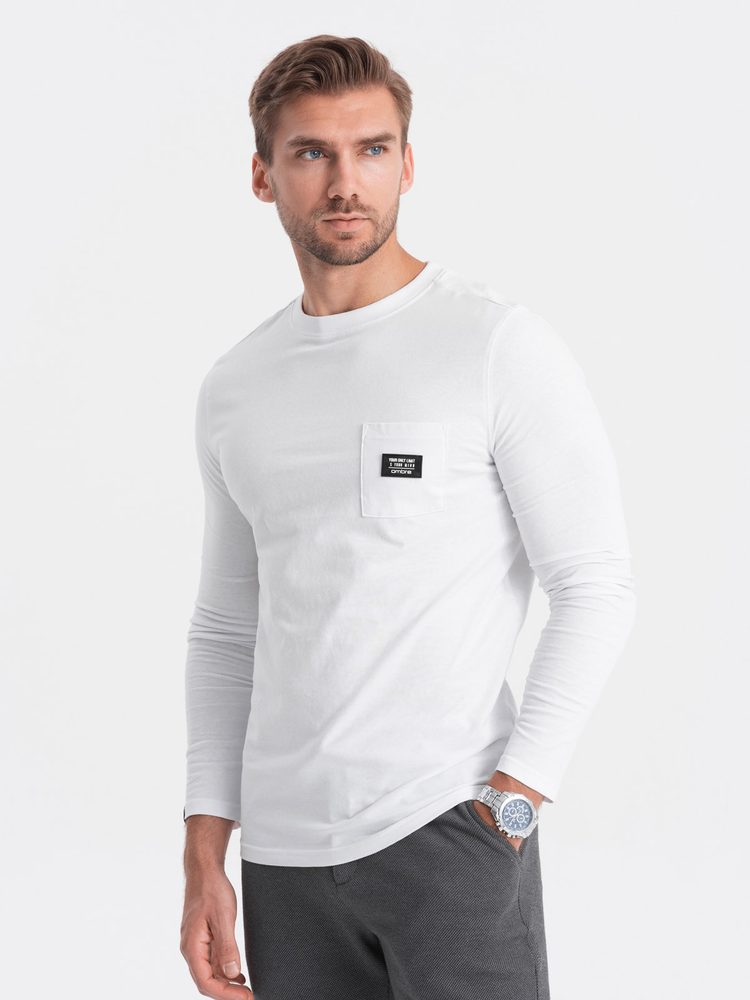 Pohodlné tričko s dlhým rukávom s vreckom biele-muži
