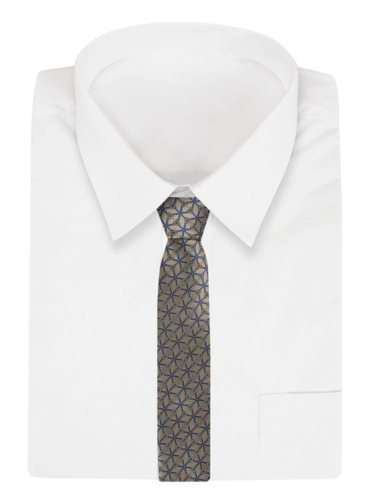 E-shop Béžová kravata s modrým geometrickým vzorom