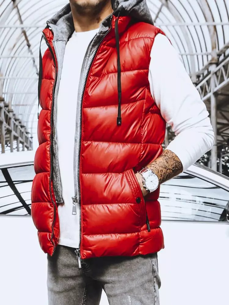 Trendová prešívaná pánska vesta s kapucňou červená