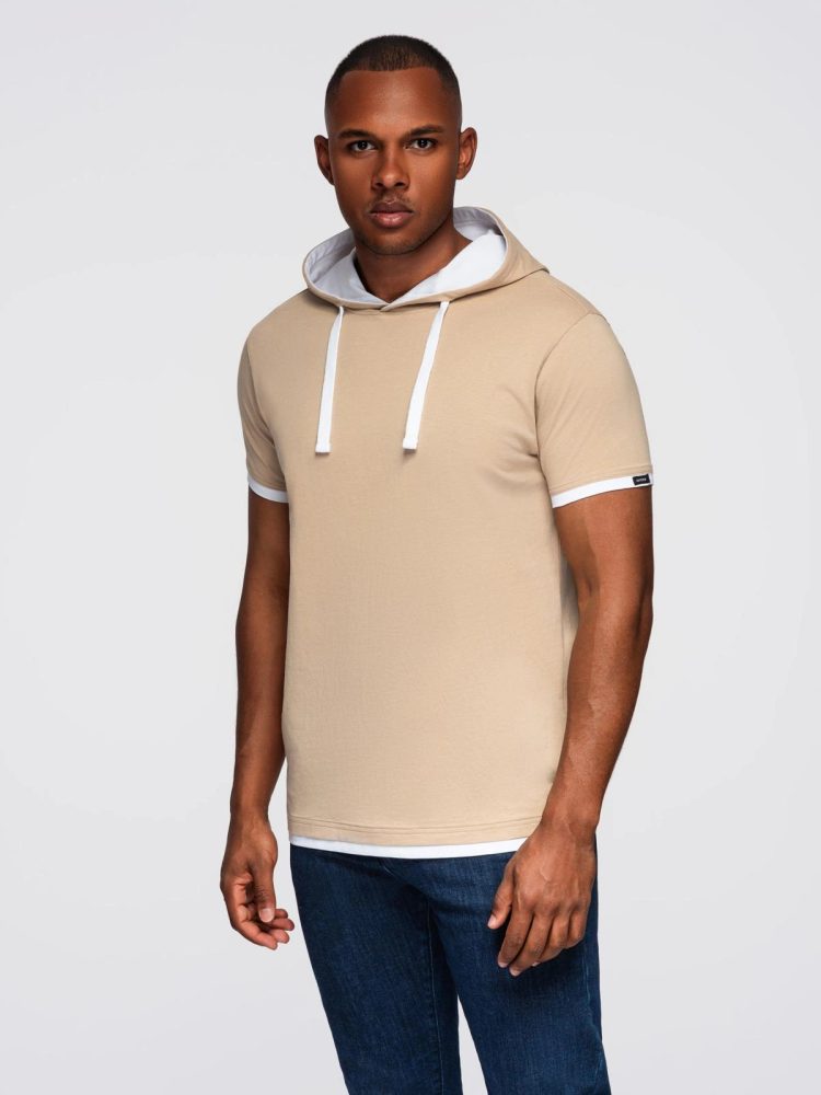 E-shop Jedinečné béžové tričko s kapucňou V5 TSCT-0256