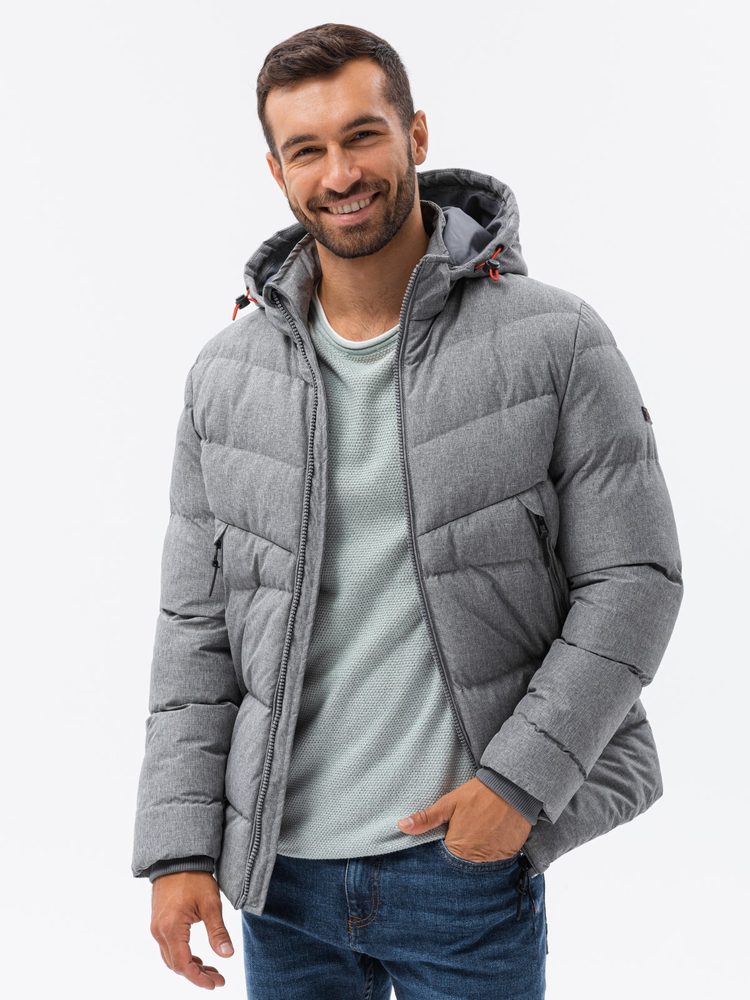 Prešívaná zimná bunda v melírovanej šedej farbe pre pánov