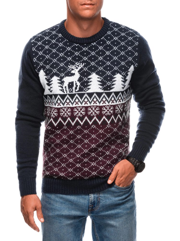 Trendy pánsky vianočný sveter so vzorom- tmavo modrý a biely