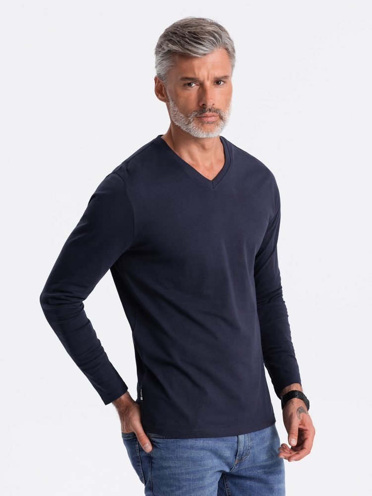 Pohodlné tričko s dlhým rukávom bez potlače tmavo modré-muži