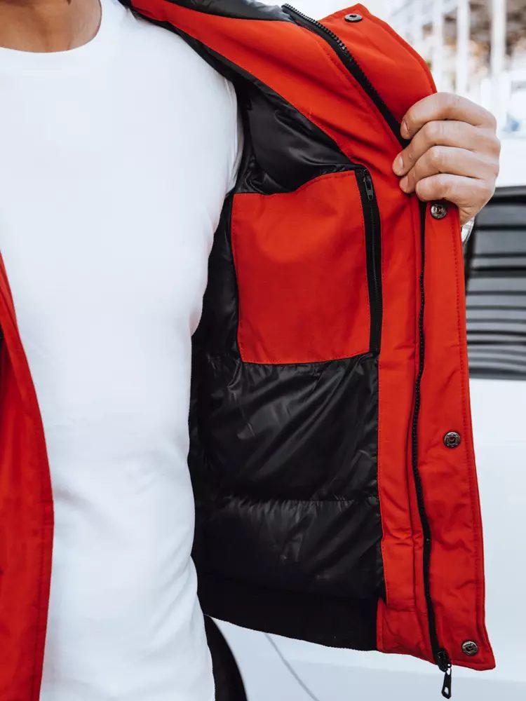 Červená pánska bunda na zimu s kapucňou