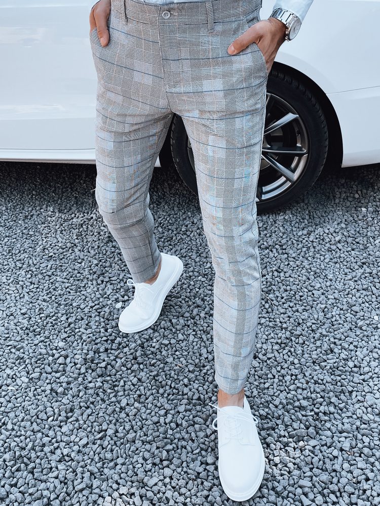 Štýlové nohavice károvaným vzorom -pre mužov- svetlo sivé