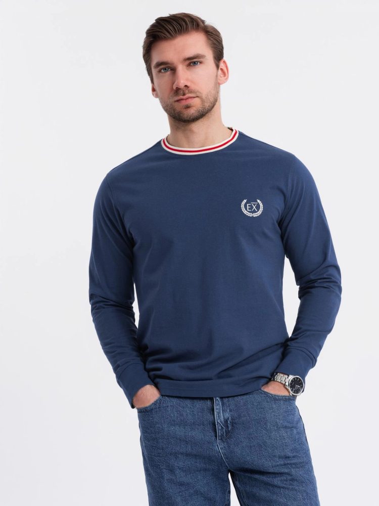 E-shop Moderné tmavomodré tričko s dlhým rukávom a s logom V3 LSCL-0128