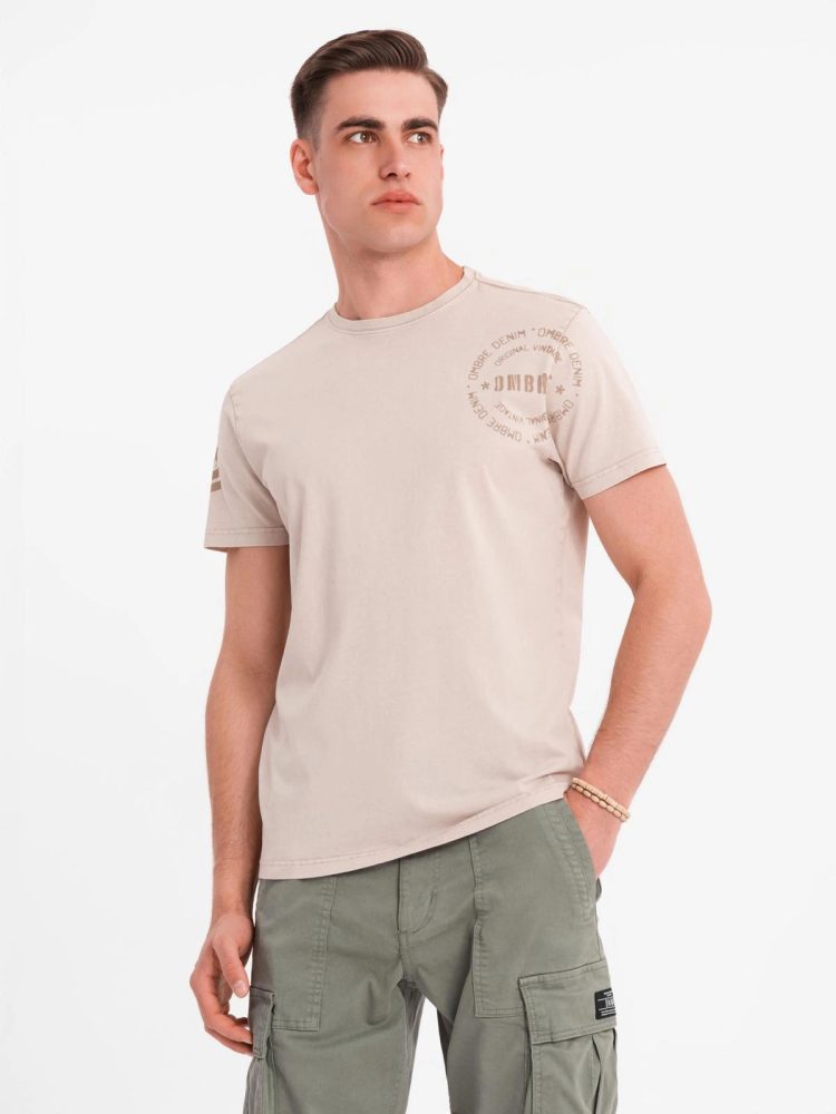 E-shop Pánske béžové tričko s trendy nápisom V1 TSFP-0225