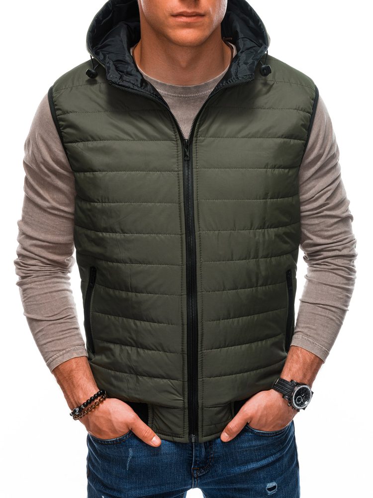 E-shop Pánska khaki prešívaná vesta s kapucňou V58