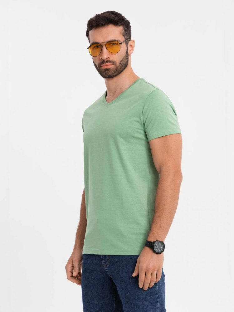 E-shop Basic bavlnené zelené tričko s V-výstrihom V11 TSBS-0237