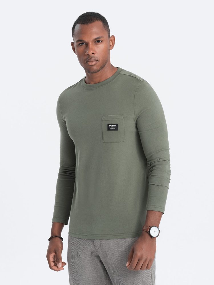 Pohodlné tričko s dlhým rukávom s vreckom olivové-muži