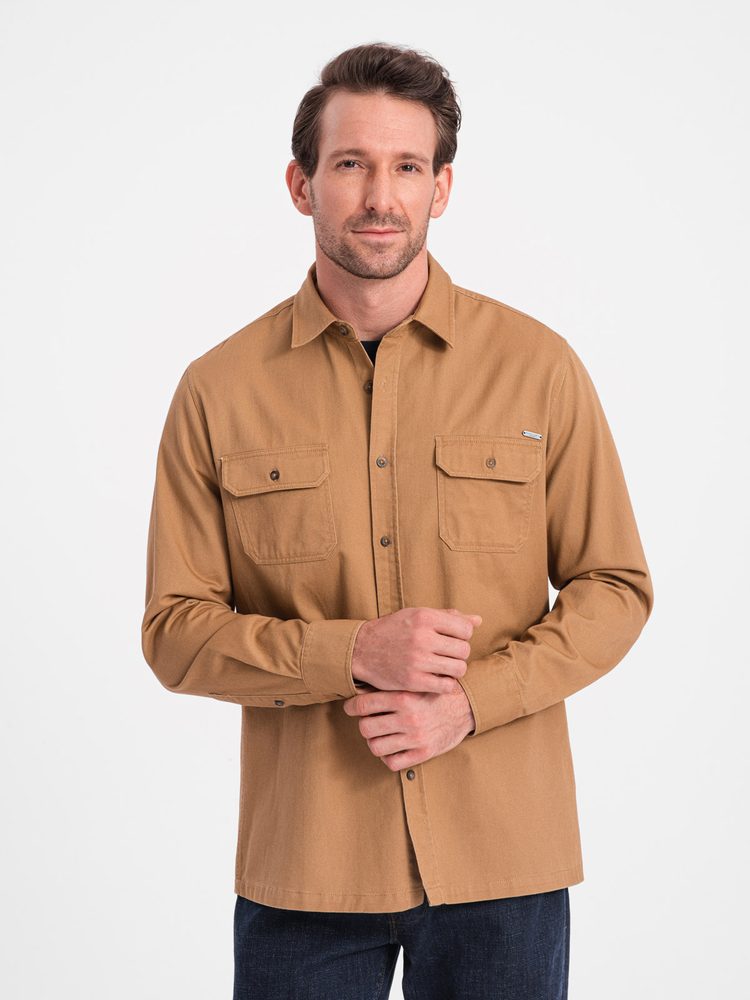 Ležérna pánska košeľa s vreckami - kamelová