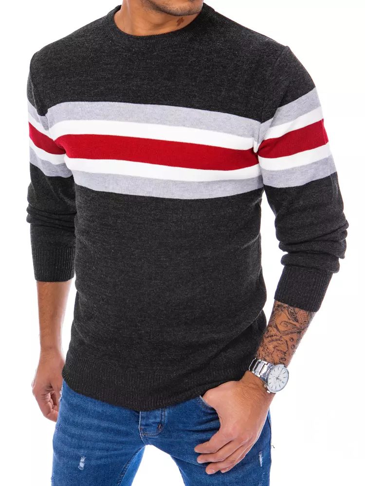 Pánsky sveter s pruhmi - tmavošedý