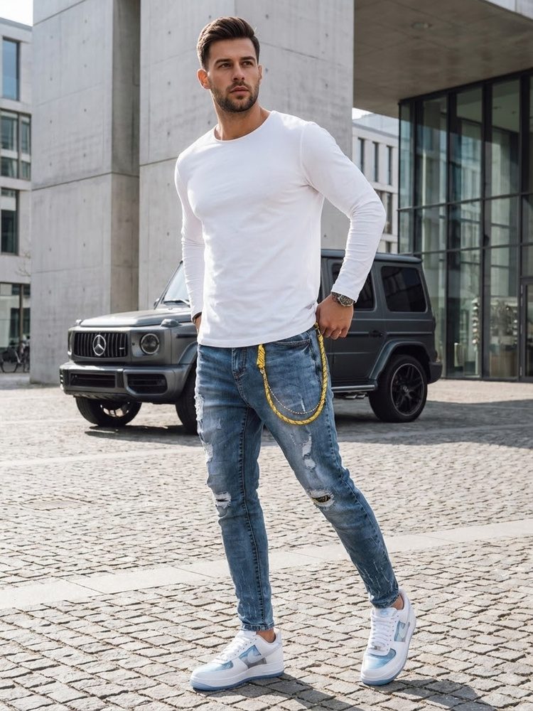 Pánske trendy rifle s dierami modré
