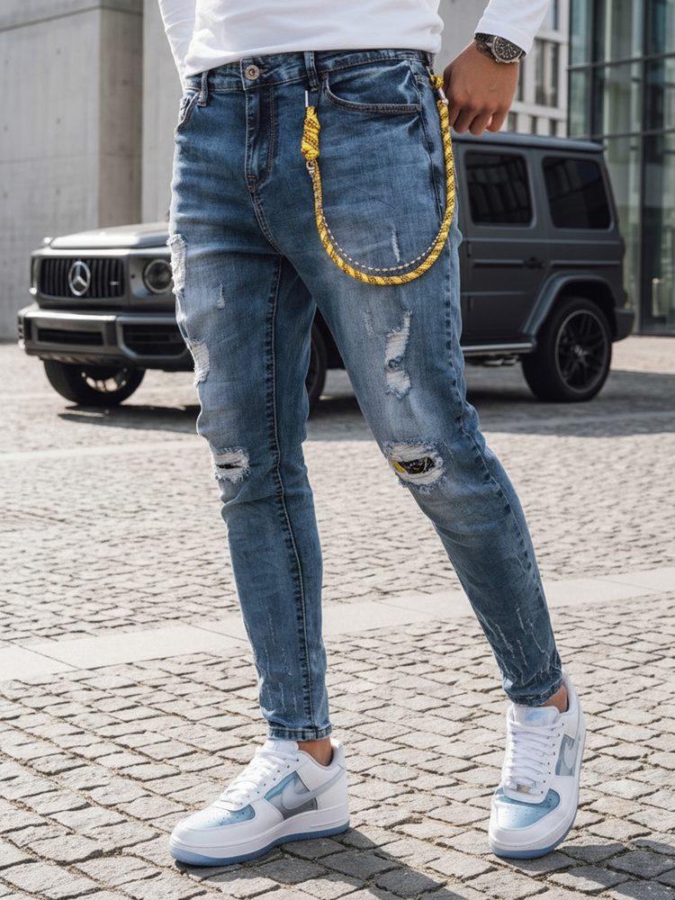 Pánske trendy rifle s dierami modré