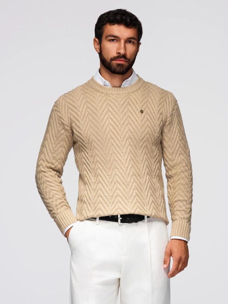 E-shop Pletený pánsky béžový sveter v elegantnom prevedení V1 OM-SWSW-0147