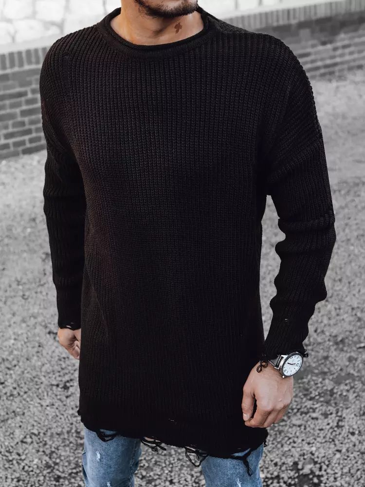 Štýlový pánsky predĺžený sveter - čierny