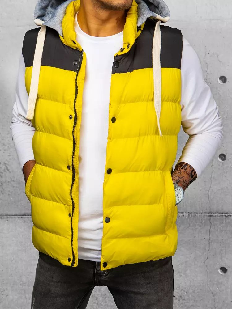 Trendová prešívaná pánska vesta s kapucňou žltá