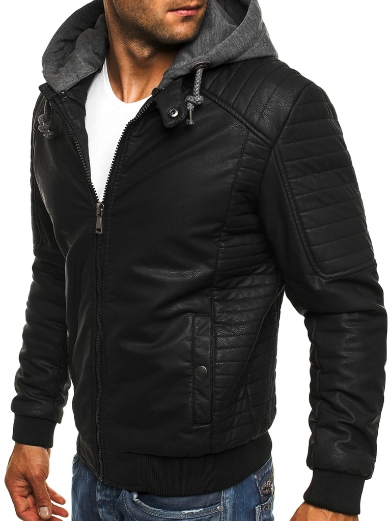 Zateplená čierna kožená bunda s kapucňou J.STYLE 3153 - Budchlap.sk
