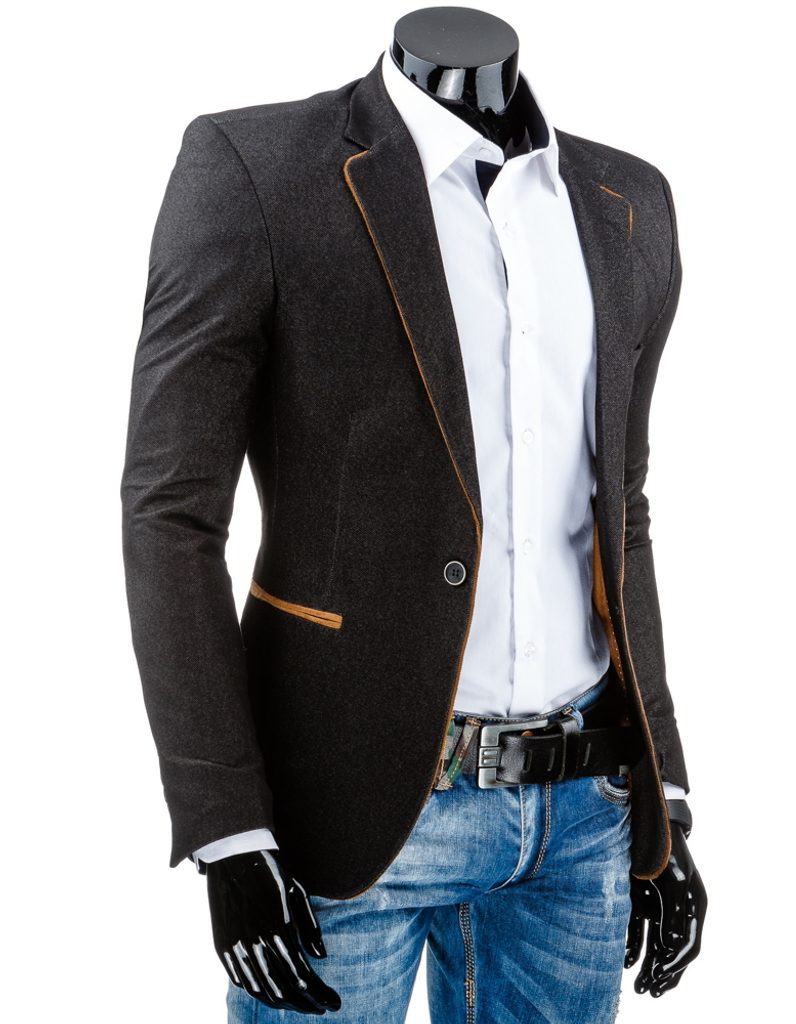 Kvalitné čierne džínsové sako s hnedým doplnkom - Budchlap.sk