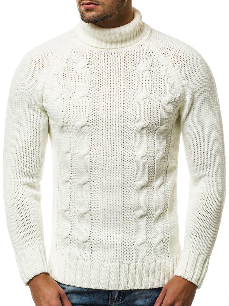 Krásny pánsky biely sveter s golierom OZONEE MAD/2805 - Budchlap.sk