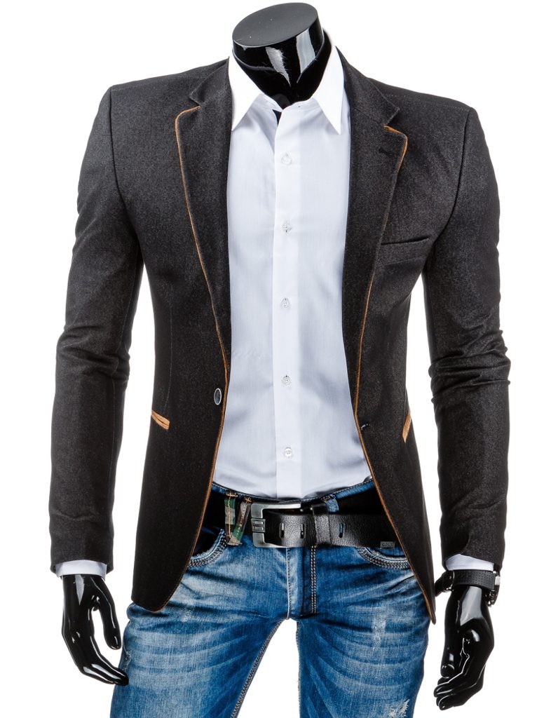 Kvalitné čierne džínsové sako s hnedým doplnkom - Budchlap.sk
