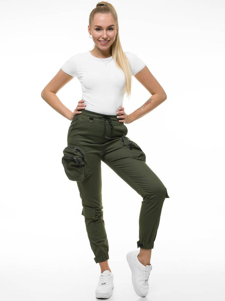 Trendové khaki dámske jogger nohavice O/802 - Budchlap.sk