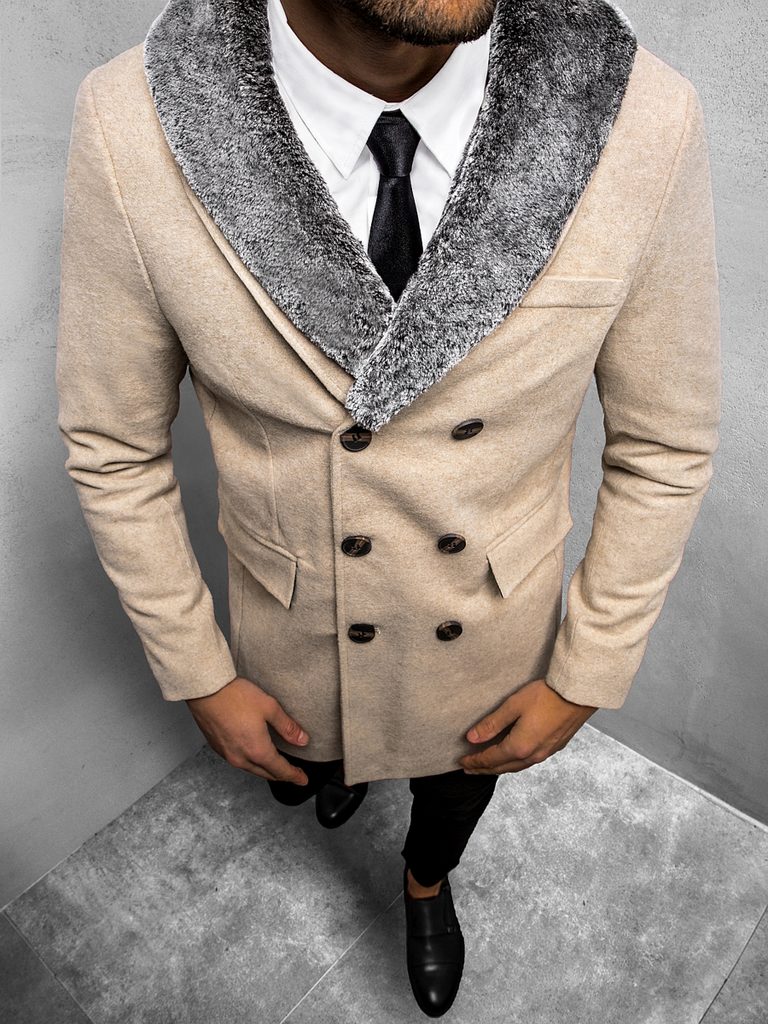 Béžový kabát s kožušinou O/5626 - Budchlap.sk