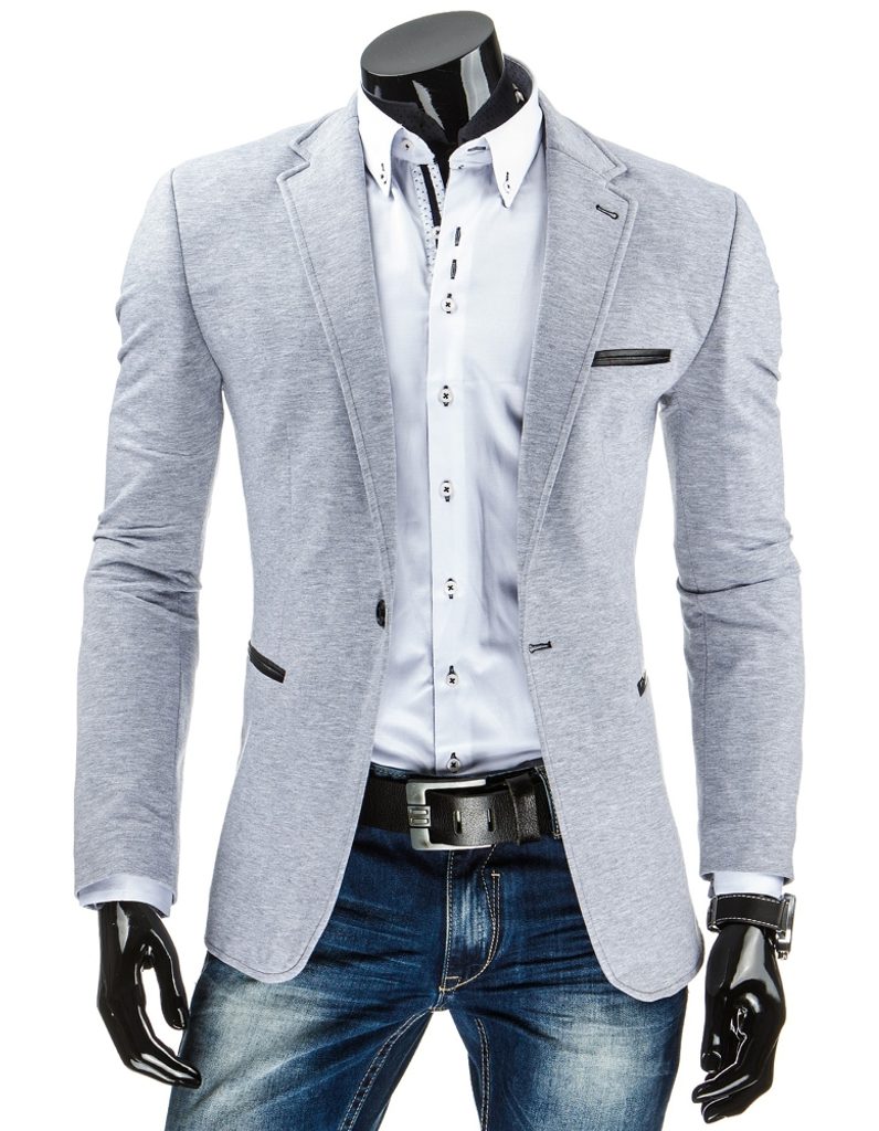Elegantné sivé sako s koženými doplnkami - Budchlap.sk