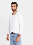 Trendy biele tričko s dlhým rukávom s V-výstrihom, s logom V2 LSBC-0123