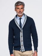 Pútavý pánsky tmavomodrý kardigán V4 SWCD-0196