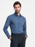 Zaujímavá tmavo modrá košeľa s trendy letným vzorom V5 SHCS-0156