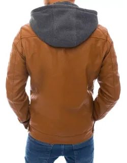 Kamelová koženková bunda s kapucňou