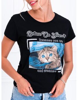 Čierne dámske tričko s mačičkou SLR038