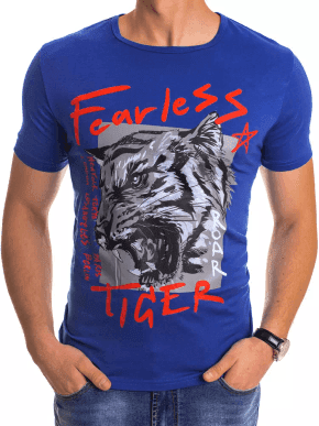 modré pánske tričko s potlačou nahnevanej tigrej hlavy