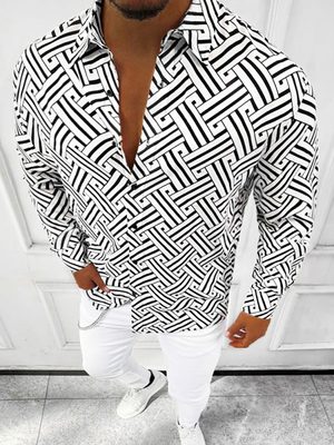 čierno-biela vzorovaná pánska košeľa s dlhým rukávom
